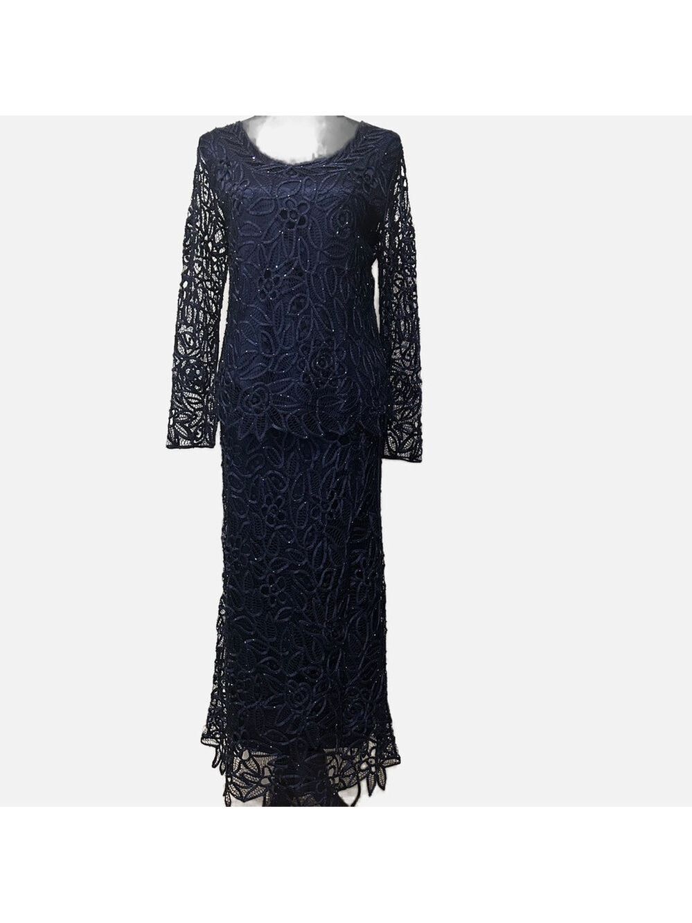 Soulmates Women's Navy  Silk Lace Floral Beaded Hand Crocheted Skirt Set Fairy